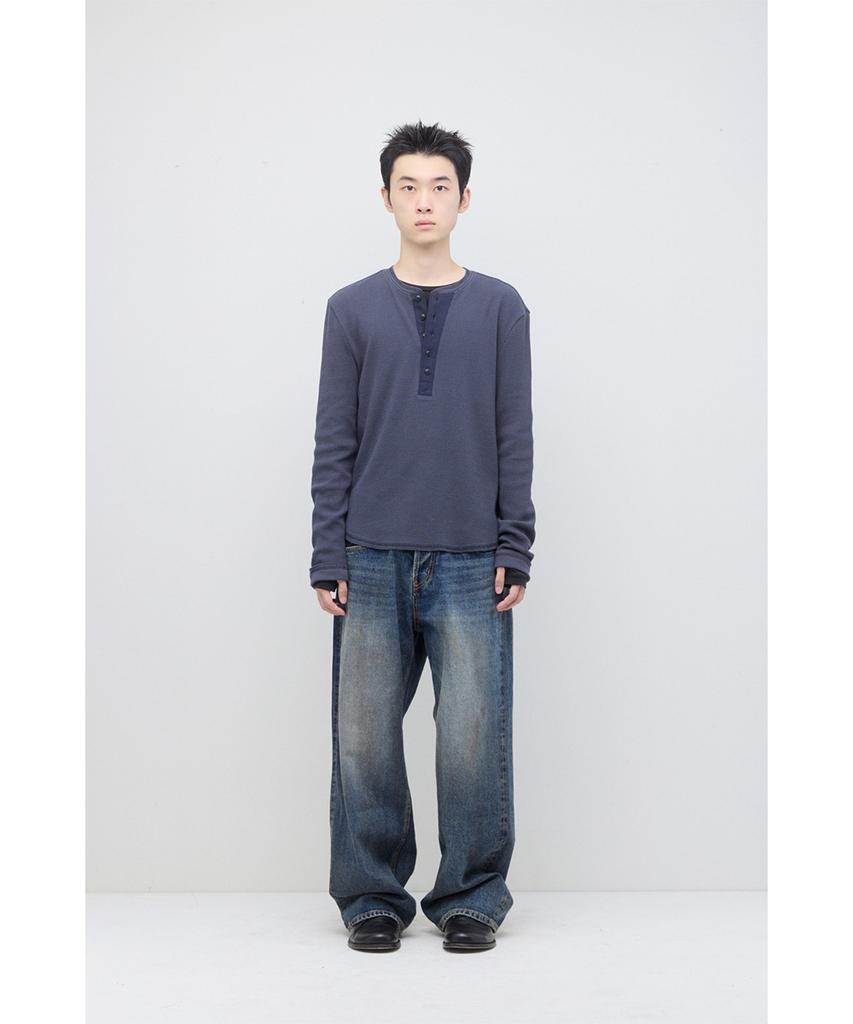 HATCHINGROOM Thermal Henley Tee Blue Charcoal