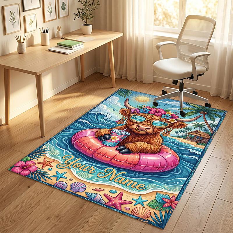 Cow Highland Theme Crystal Velvet Rug Personalized Custom Name Text Soft Floor Mat Home Decor