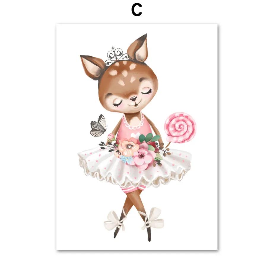 Pink Ballet Bear Rabbit Deer Elephant Flamingo Cat Nursery Wall Art Mural Canvas Painting Poster Print Baby Girl Room Home Decor