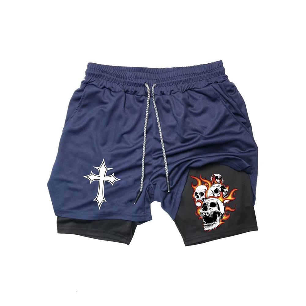 Men's Fitness Two-in-one Shorts Double-layer Beach Pants Trendy Printed Sports Shorts Outdoor Training Running 10105