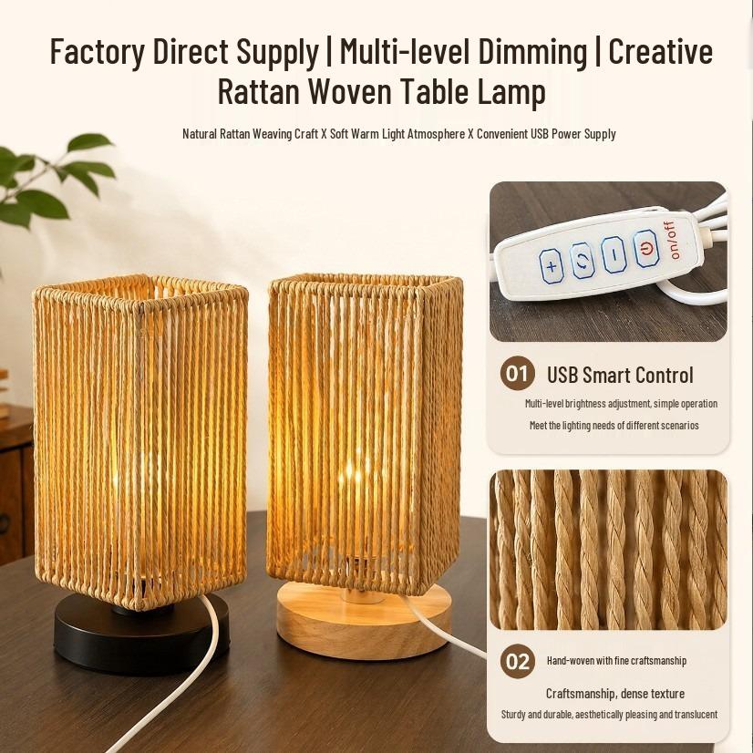 Wicker Desk Lamp with Charging Button - Straw Weave Bedside Night Light for Study or Bedroom