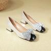 Square head bow rhinestone color matching high heels thick heel not tired feet 2025 new French soft leather light mouth single shoes