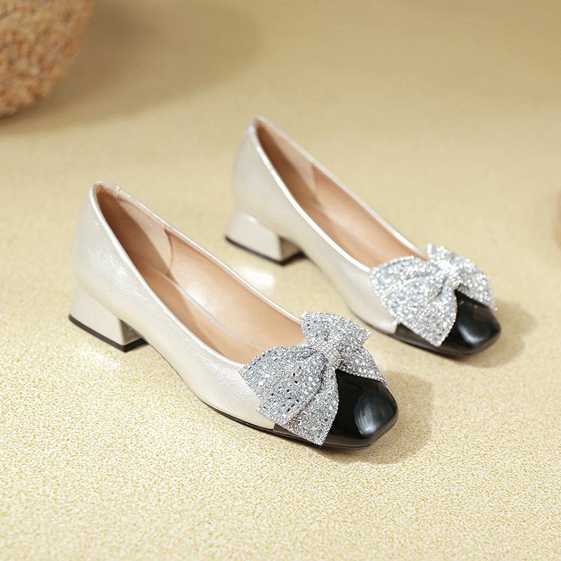 Square Head Bow Rhinestone Color Matching High Heels Thick Heel Not Tired Feet 2025 New French Soft Leather Light Mouth Single Shoes