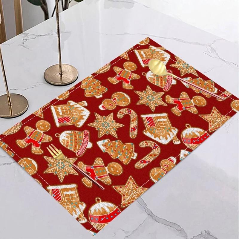 4/6/8pcs Christmas Gingerbread Man Placemats Holiday Table Home Kitchens Christmas Halloween Thanksgiving and New Year Decor