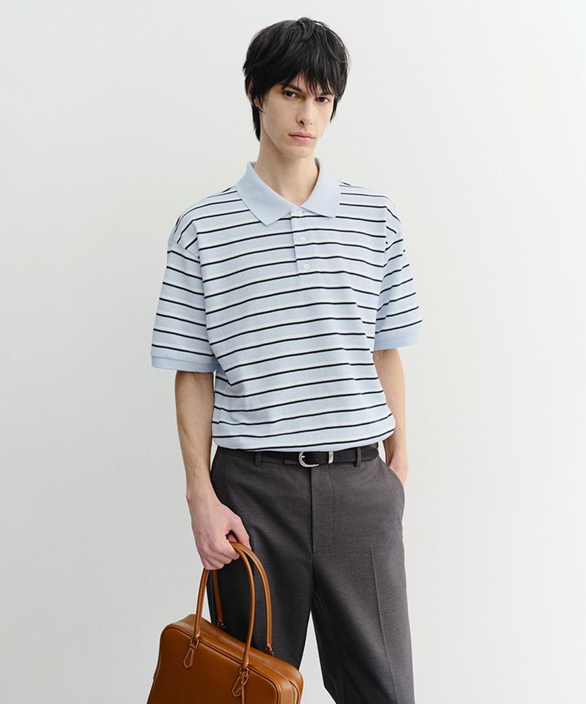 Deonseuteupomaen Striped Polo Shirt_Unisex_Udts6B121_Soft Blue