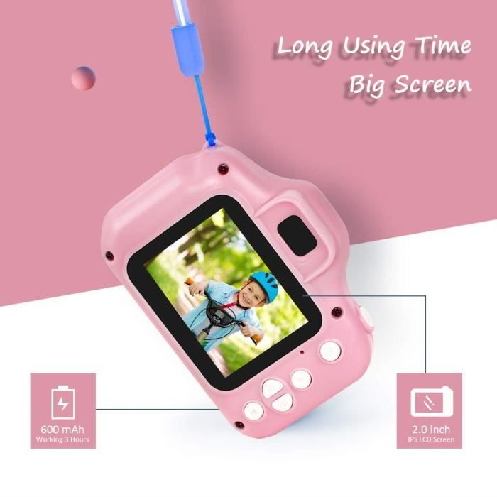 Appareil Photo pour Enfant - Kids Mate - Ecran 2,0 Pouces HD - 8MP/1080P - Carte TF 32 Go - Rose