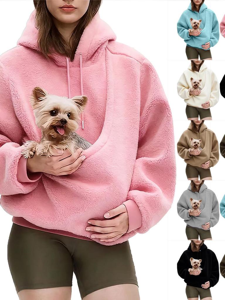 New European & American Autumn/Winter Hooded Plush Pet Bib Loose Pullover Sweatshirt for Women