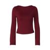 Women’s Burgundy Long Sleeve Crop Top, Slim Fit Crew Neck T-Shirt with Flared Sleeves, Casual Y2K Fitted Top for Streetwear