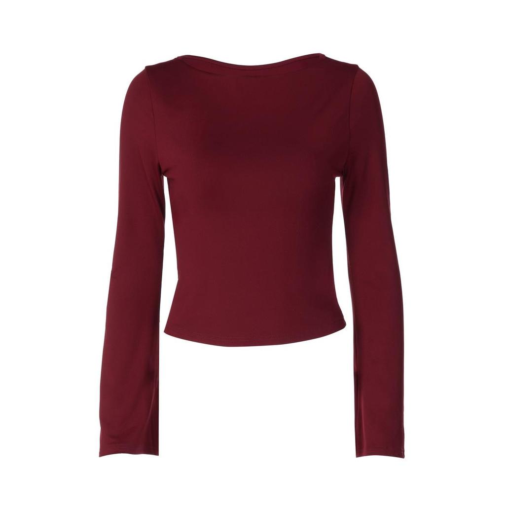 Women’s Burgundy Long Sleeve Crop Top, Slim Fit Crew Neck T-Shirt with Flared Sleeves, Casual Y2K Fitted Top for Streetwear