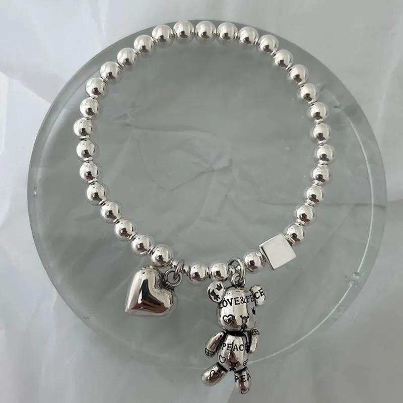 

Stainless Steel Bracelets for Women Beaded Rope Bracelet Accessories Trendy Vintage Simple Cute Bear Pendant Party Jewelry Silver