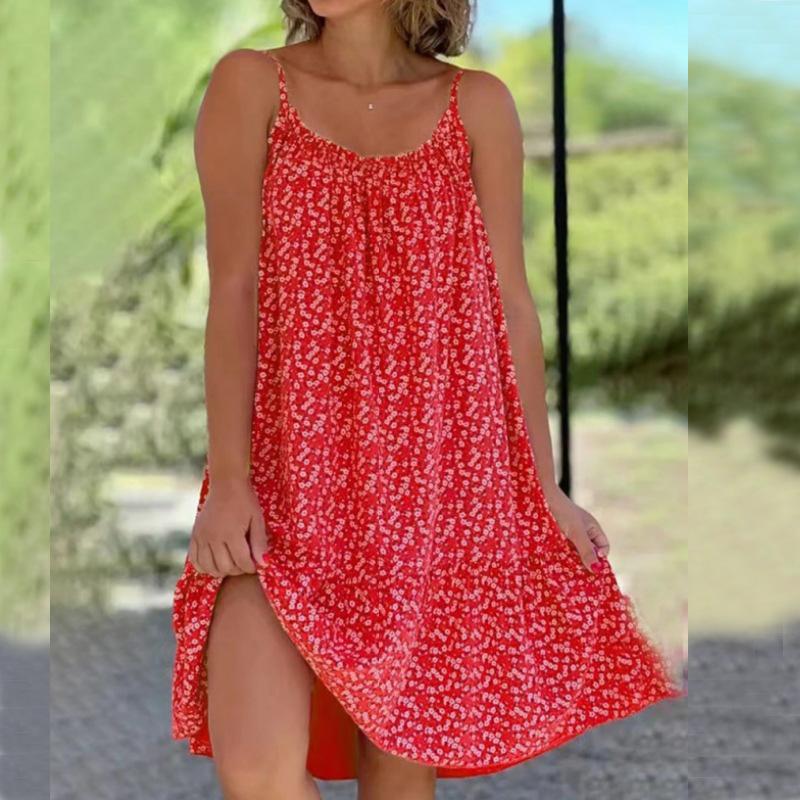 

Летнее повседневное женское модное платье с высокой талией Платья без рукавов для женщин Платье с цветочным принтом Платье с круглым вырезом Свободное платье Пляжное платье 3XL красный