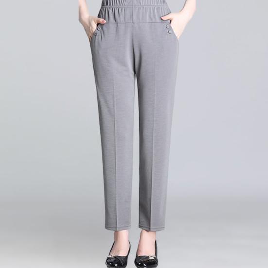 High Waist Elastic Waistband Women Pants Button Decoration Pockets Thin Office Lady Straight Wide Leg Trousers