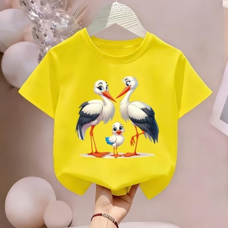 Children Crew Neck Short Sleeve T-Shirt with Parent-Child Themed Cartoon Stork Print