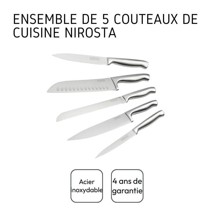 Ensemble De 5 Couteaux De Cuisine Professionnels - NIROSTA - Inox - 24 À 33,5 Cm