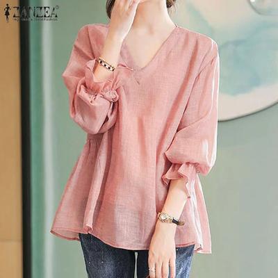 Damenbluse mit V-Ausschnitt, 3/4-Ärmeln, lockere A-Linie, einfarbig