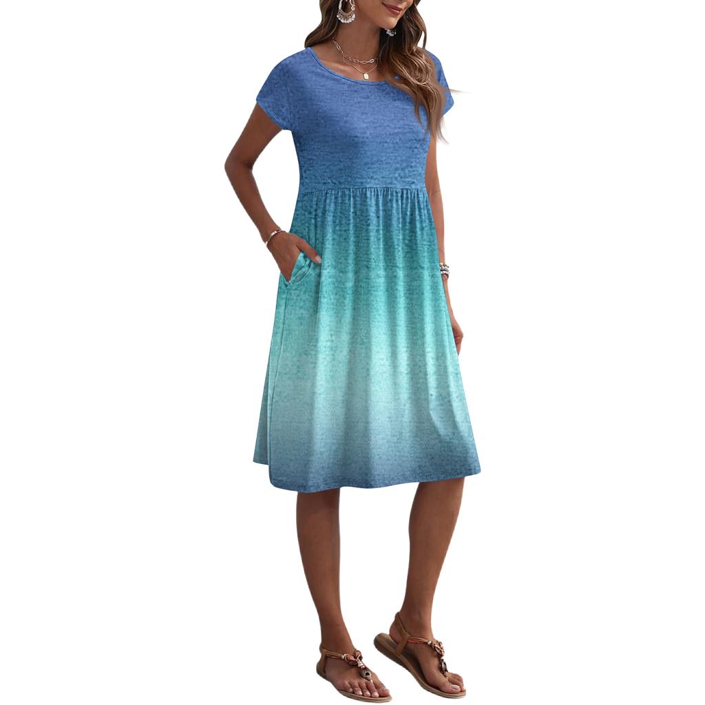 Damska Letnia Modna Codzienna Okrągły Dekolt Krótki Rękaw Sukienka z Gradientowym Wzorem
