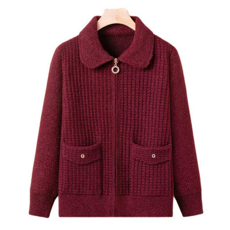 Mid-mother Early Spring Knitted Sweater Jacket Lapel Zipper Cardigan Women's Spring and Autumn New Top