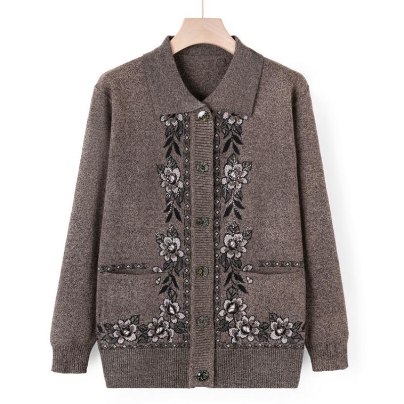 Pulover tricotat cu revere de toamnă pentru bunică, cardigan pentru vârstnici, jachetă pulover, îmbrăcăminte de toamnă și iarnă pentru femei în vârstă