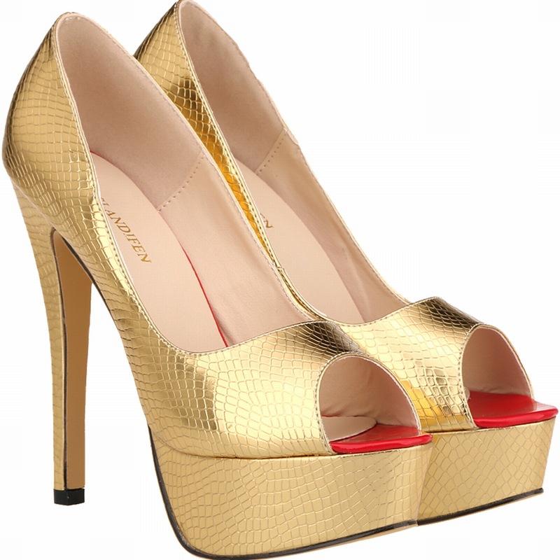 Fashion FHC New Design Peep Toe High Heels,Women PLatform Pumps,Sexy Stage Show Shoes,Shallow Out,Slip on,Gold,Big Size 35-42,Dropship