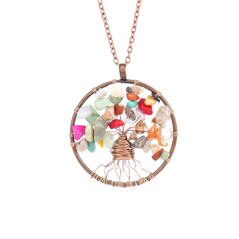 Ancient Red Copper Winding Natural Stone Crystal Tree Of Life Necklace Colorful Stone Necklace Jewelry N105