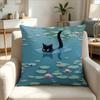Black Cat In Lily Pond Print Throw Pillow Cover, Funny Whimsical Water Cat With Lotus Decorative Cushion For Sofa Couch