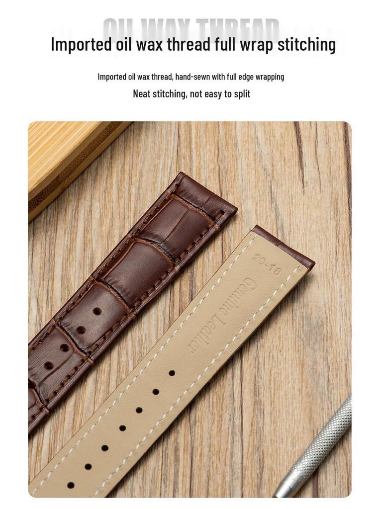Bamboo Pattern Genuine Leather Watch Strap with Soft Cowhide and Butterfly Buckle for Men and Women