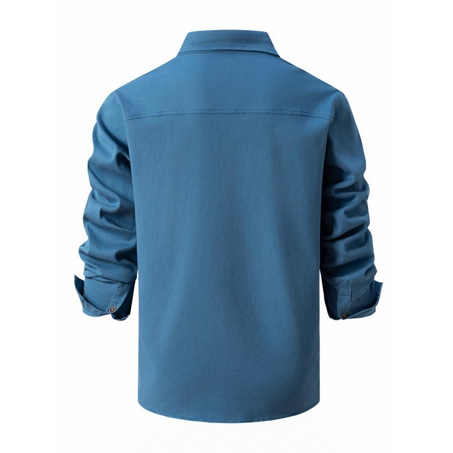 Autumn Winter European Size Lapel Pocket Buttons Shirt Men's Washed Elastic Pure Cotton Business Men Long Sleeve Shirts
