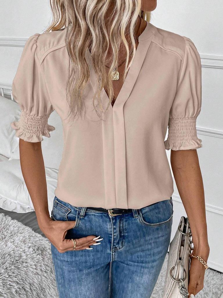 Women's Summer V-Neck Puff Sleeve Solid Color Top