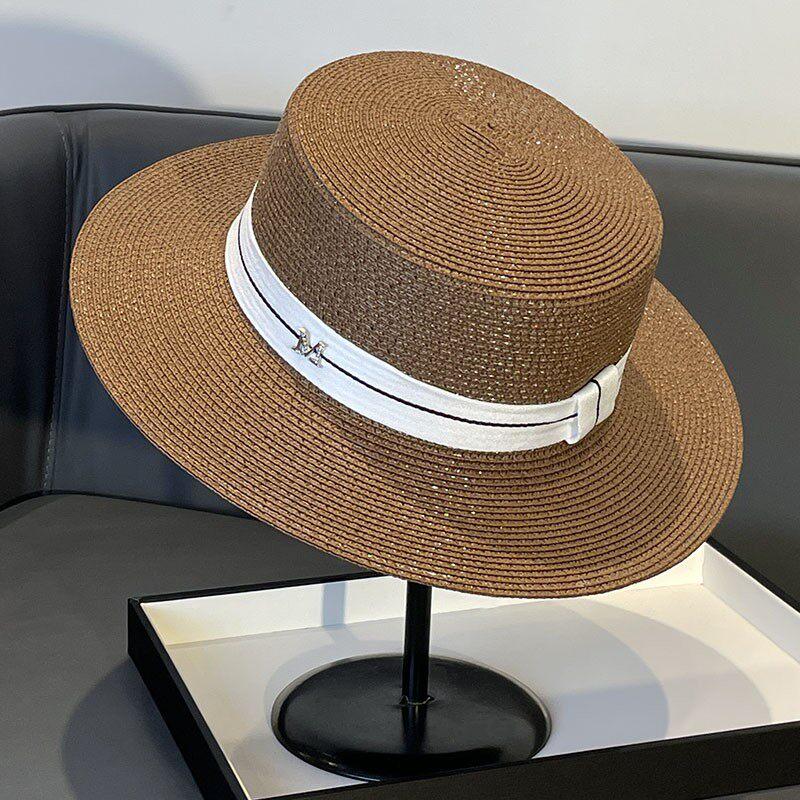 Elegante Cappello Piatto Stile Socialite Francese Intrecciato con Perle Cappello Parasole Estivo da Spiaggia per Donne