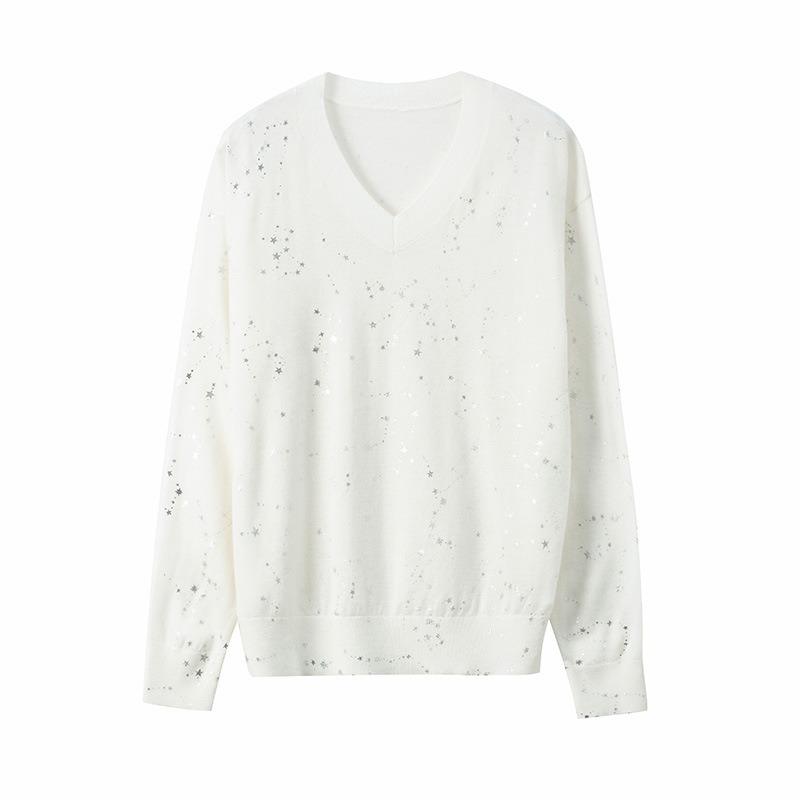 Star printed neck knitted sweater top women's early autumn new long-sleeved inner loose and thin bottoming shirt thin