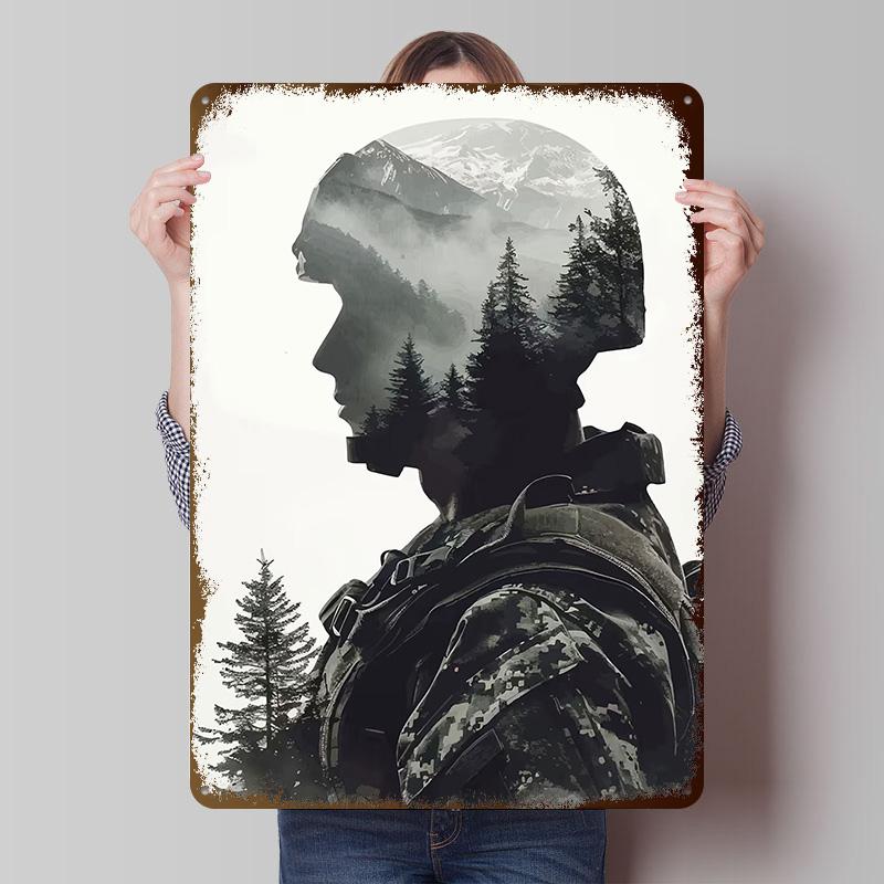 Soldier Mountain Double Exposure Tinplate Posters Customizable Wall Art Retro Vintage Metal Signs for Home Room Custom Plate