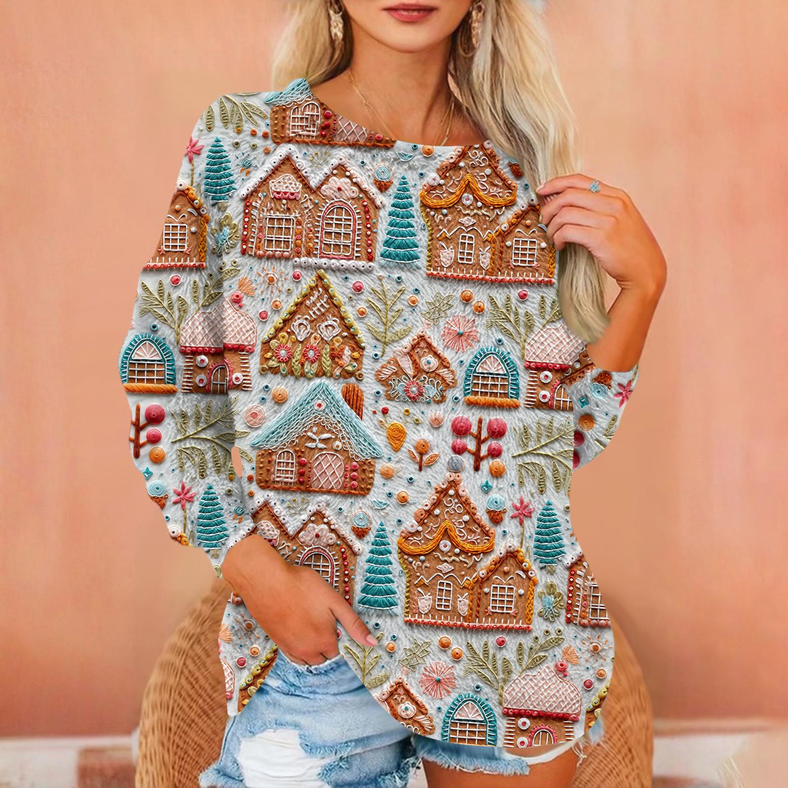 

Женская футболка Фланелевый принт Туника Длинный рукав Вечеринка Круглый вырез Топы M оранжевый