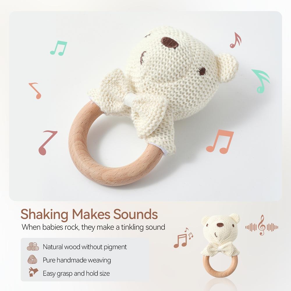 1Pc Baby Rattle Toys Crochet Animal Cute Bear Toys Kawaii Wooden Teether Baby Cartoon Mobile Crib Wooden Newborn Rattle Toys