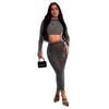 Women's European and American Fashion Solid Color Mesh Two-Piece Skirt Set with Hot Drilling