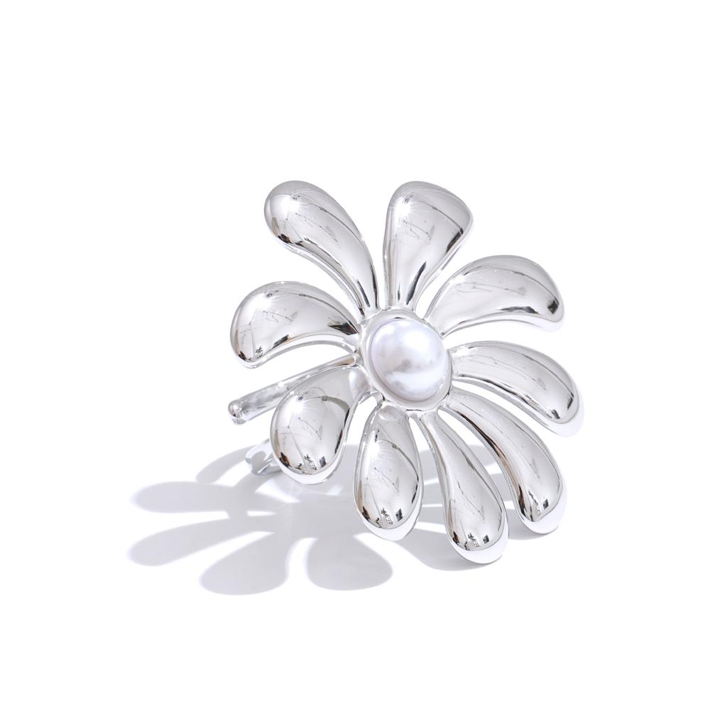 

Yhpup Trendy Style Smooth Metal Flower Pearl Adjustable Ring 18K PVD Plated Rust Proof Charm Finger Jewelry 2025 resizable