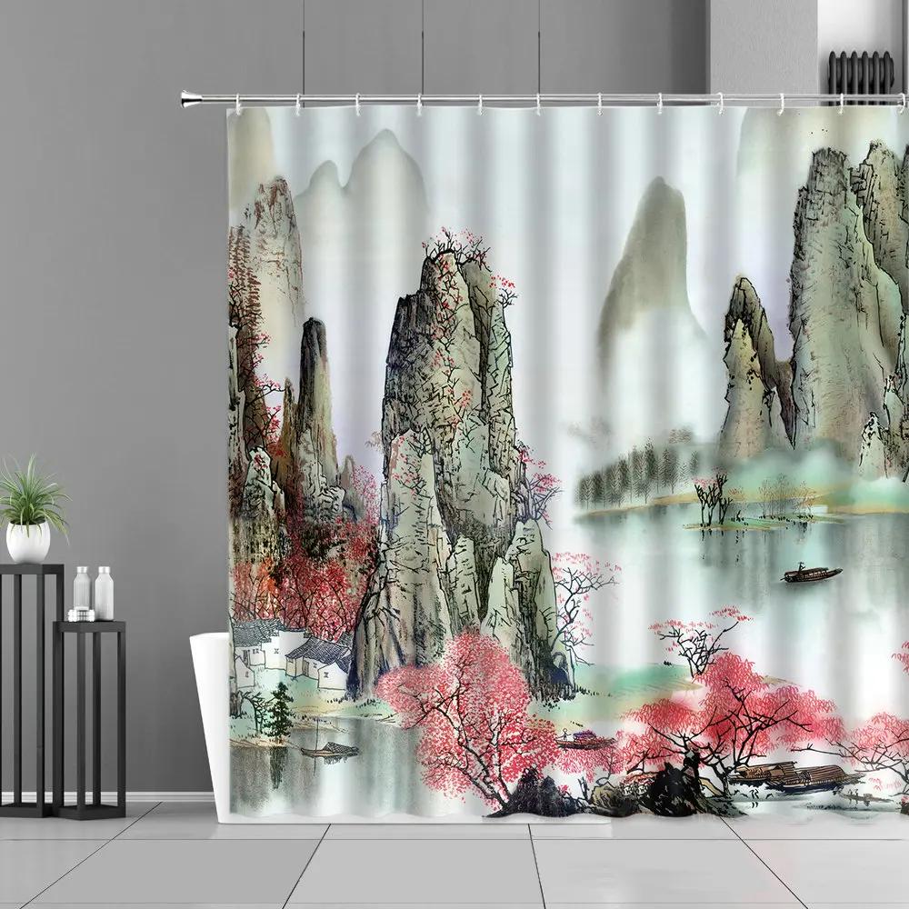 Waterproof Ink Painting Bamboo Leaves Bird Shower Curtains, Mountain Water Plant Landscape, Bathroom Curtain, Home Decor