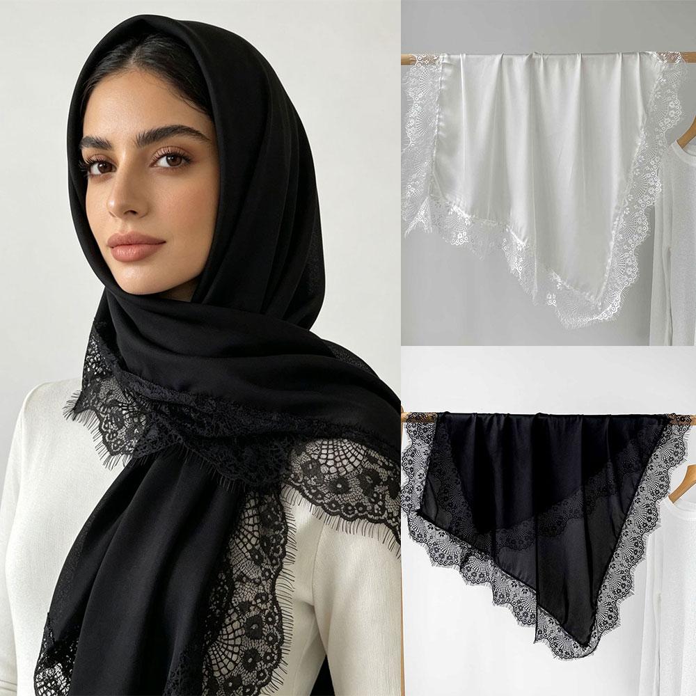 Satin Lace Trim Triangle Hijab Scarf Soft Silky Headscarf Floral Lace Edge Shawls Muslim Women Head Wrap Bandana Hair Scarf