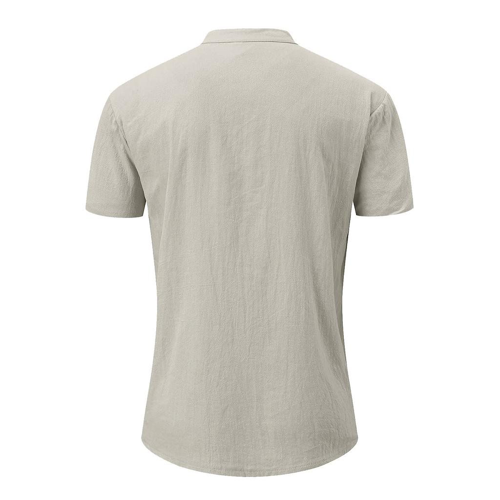 Designer Spring Summer Men's Casual Cotton Linen Solid Color Short Sleeve Shirts Loose Stand Collar Shirts