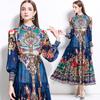 Spring Summer Women Stand Collar Lantern Sleeve Vintage Print Chiffon Loose Long Maxi Holiday Beach Dresses