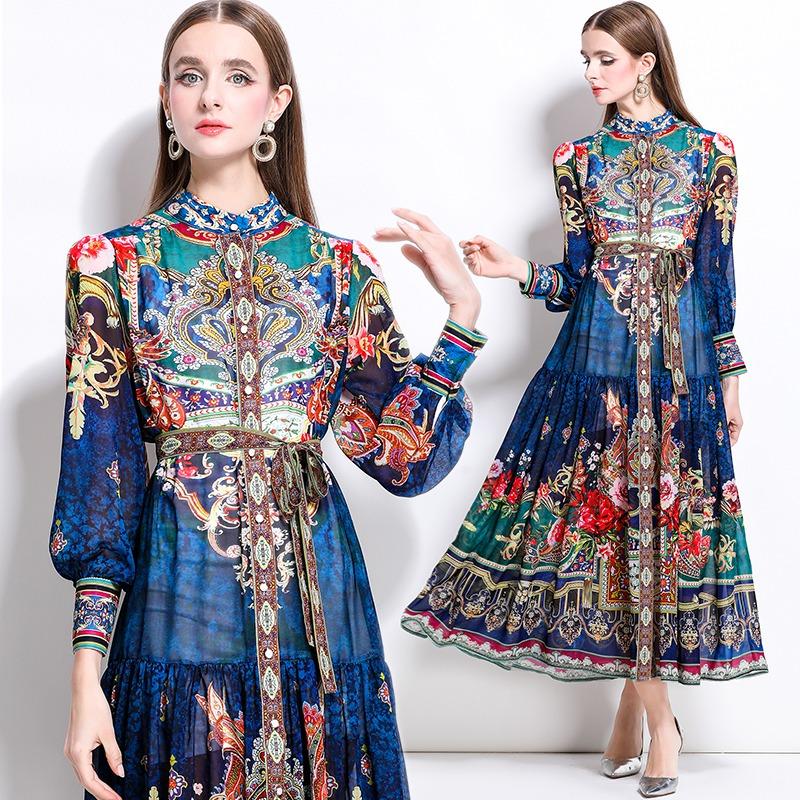 Spring Summer Women Stand Collar Lantern Sleeve Vintage Print Chiffon Loose Long Maxi Holiday Beach Dresses