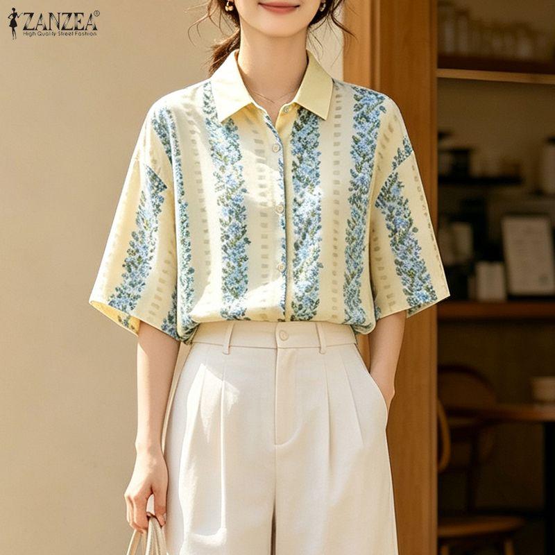 ZANZEA Women Casual Turn Down Collar Loose Half Sleeve Print Blouse