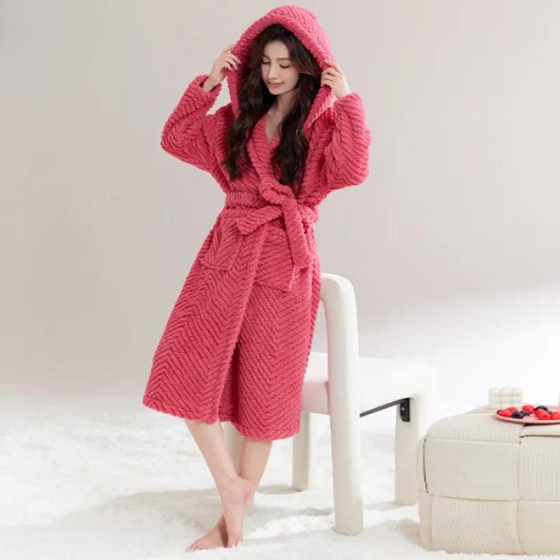 Pajamas Women's Autumn and Winter Coral Fleece Thickened Warm Long Sexy Internet Red Wind Plush Nightgown Bathrobe Blue