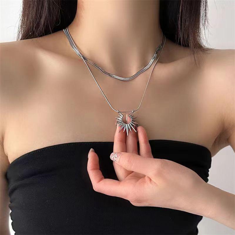 Men's Layered Sun Pendant Necklace Snake Chain Minimalist