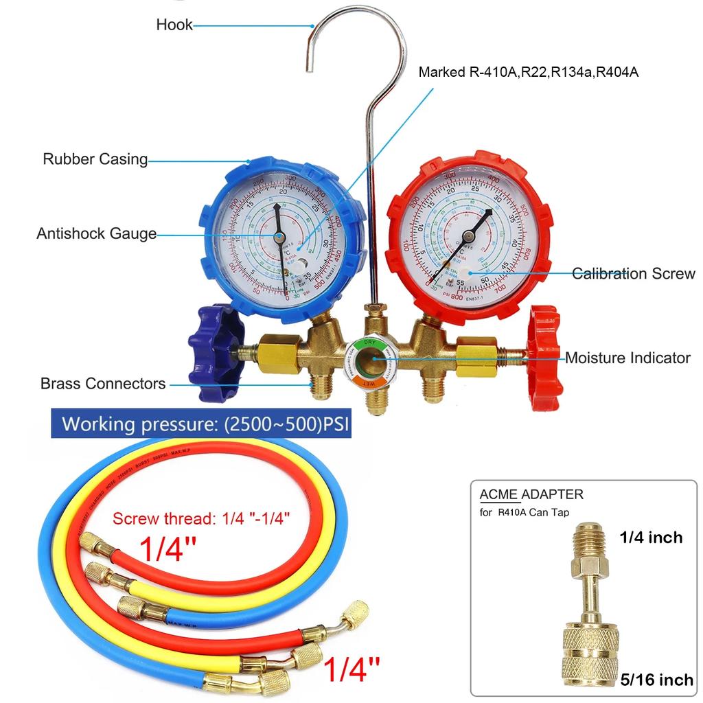 AC Manifold Gauge Set for R134a R410A R22 3 Way Antishock Gauges Hoses Couplers Adapter Puncturing Can Tap Freon Recharge Kit