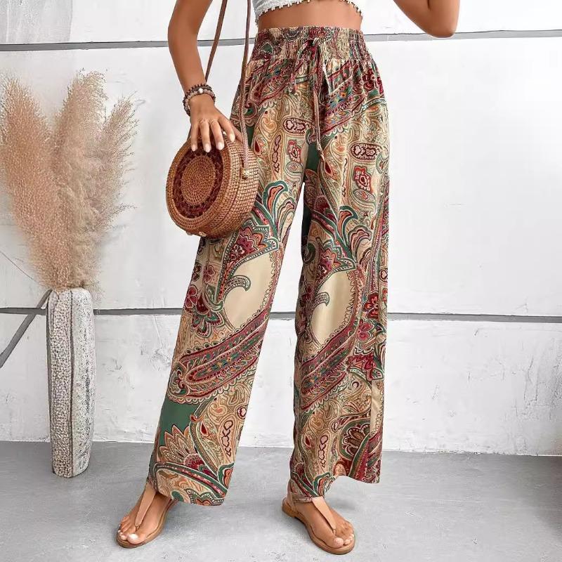 Summer New Fashion Printed Elastic Waist Wide Leg Pants Women Vintage Vacation Beach Pants Casual Woman Simple Thin Office Ladies Long Trousers 25783