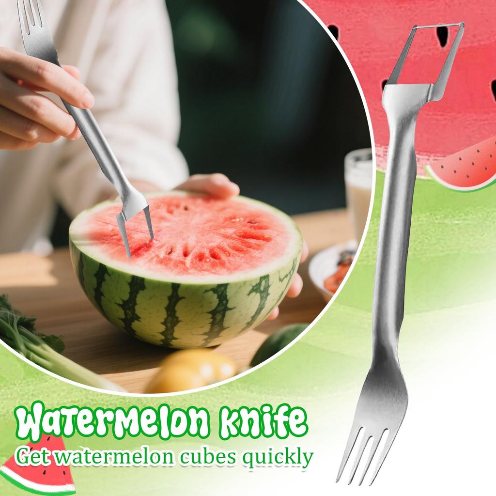 Kráječ na meloun, 2v1 Nerezový kráječ na ovoce, Nástroj vidlička na meloun s vylepšenou hlavou pro rok 2025, Letní krájení ovoce, Kuchyňské pomůcky pro domácnost