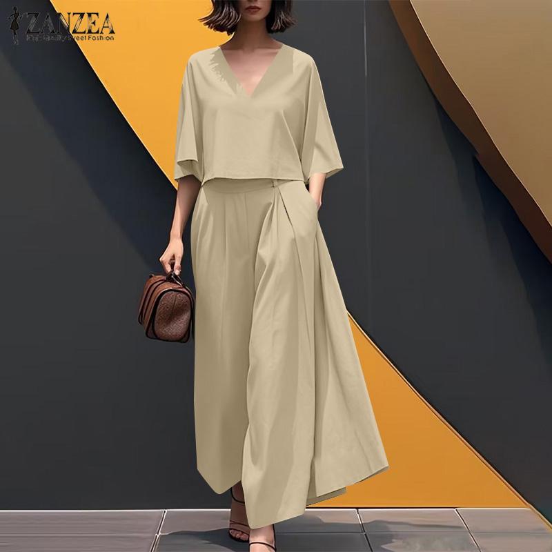 ZANZEA Lässiges Zweiteiler-Set für Damen mit 3/4-Ärmeln, Bluse und Hose mit weitem Bein