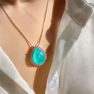 New Ladies 925 Sterling Silver Chain Necklace Paraiba Emerald Tourmaline Gemstone Pendant Necklace Water Drop Fine Jewelry