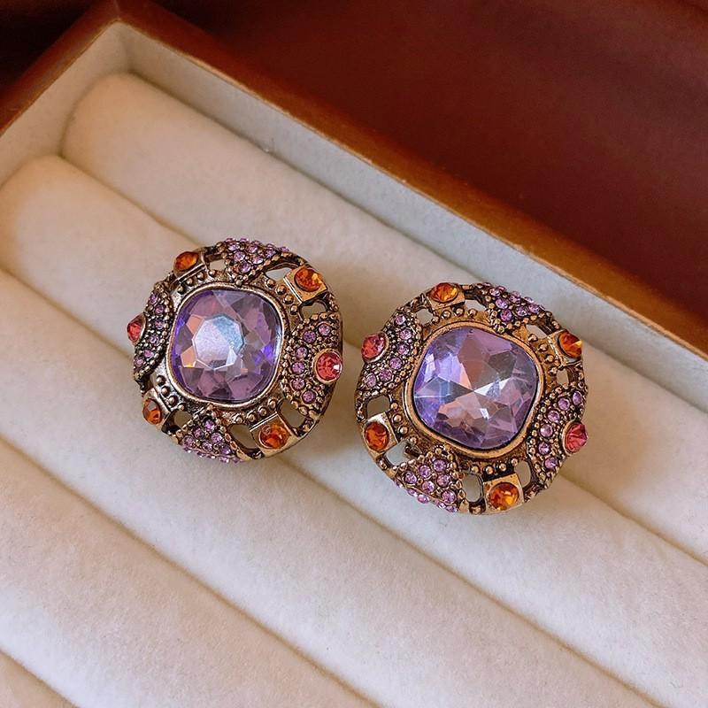 Silver Needle Diamond Oval Pendant Fringed Earrings Medieval Vintage Court Style Stud Earrings Light Luxury Retro Earrings