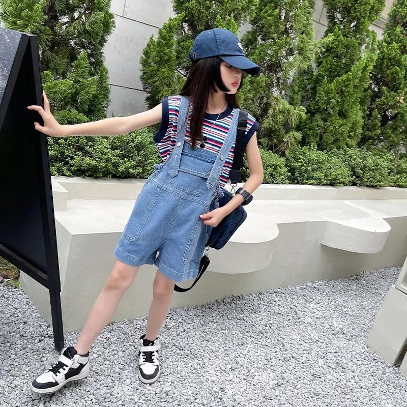 Fashion Casual Style Girls Shorts Summer Soft Denim Overalls Shorts Korean Medium Large Children's Denim All-match Shorts